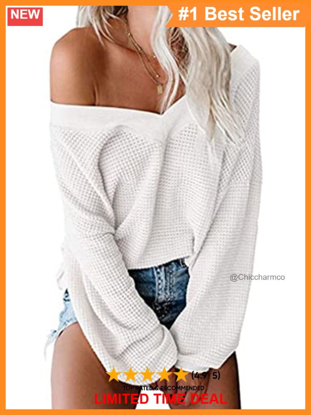 Waffle Knit V-Neck Off Shoulder Pullover Sweater Long Sleeve